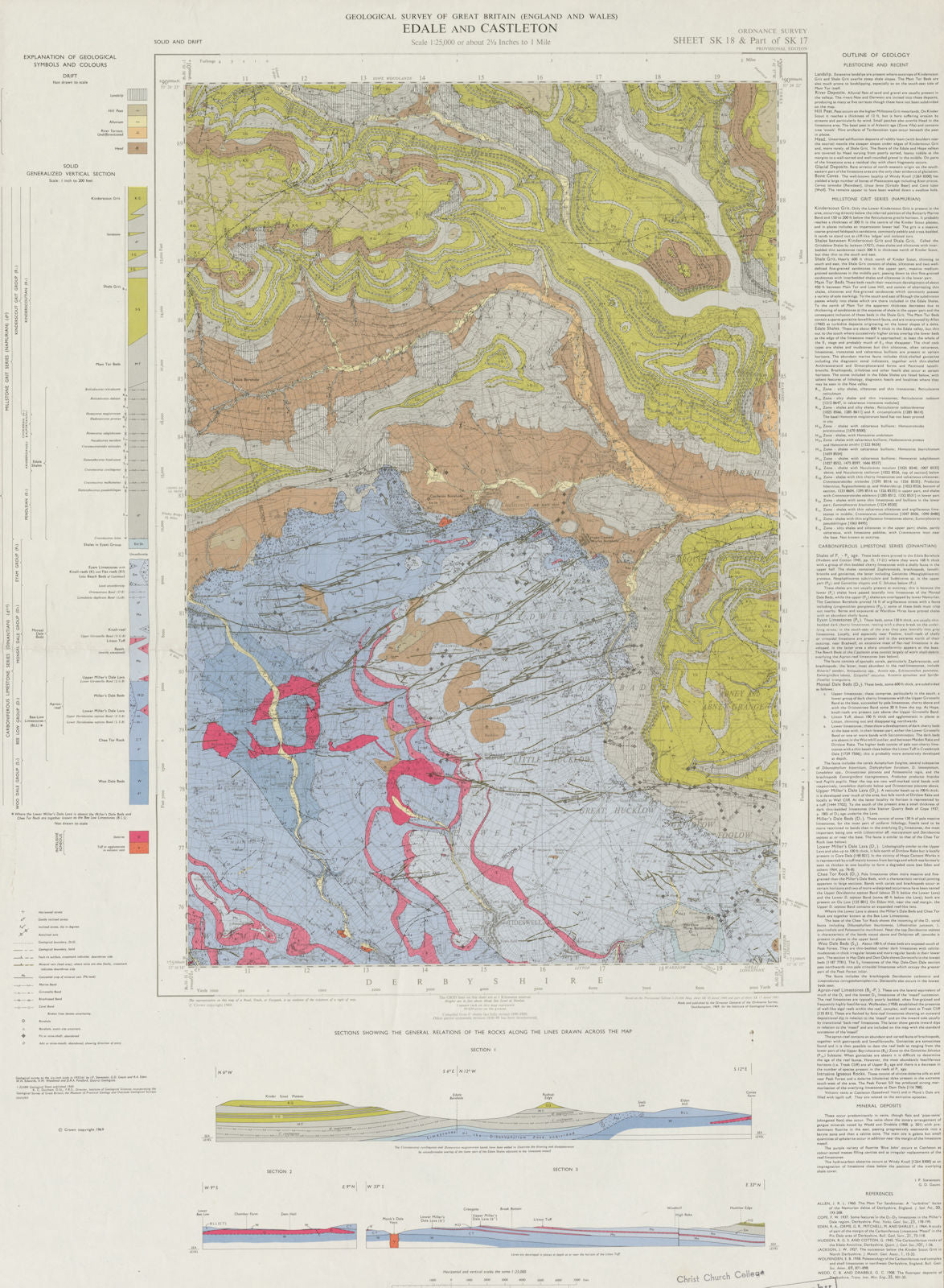 Edale Castleton geological survey sheet SK18+ Derbyshire Peak District 1969 map